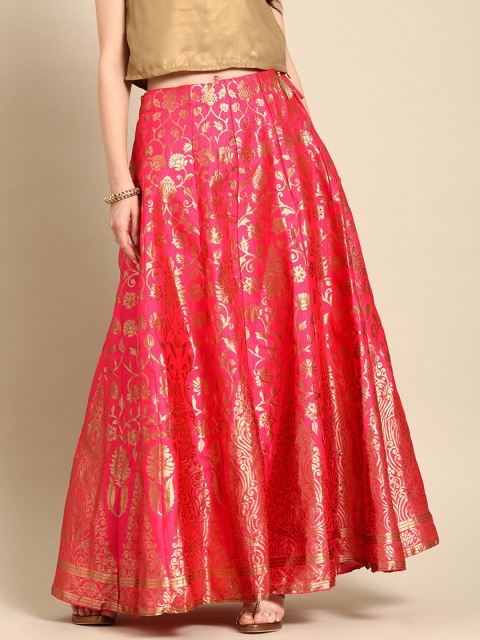 

KSUT Women Fuchsia Pink & Golden Woven-Design Jacquard Flared Brocade Maxi Skirt