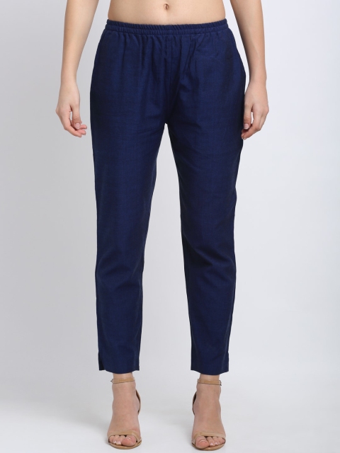 

NEUDIS Women Navy Blue Solid Cotton Regular Fit Crop Cigarette Trousers