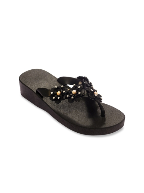 

TRENDS & TRADES Women Black Floral Embellished Wedges