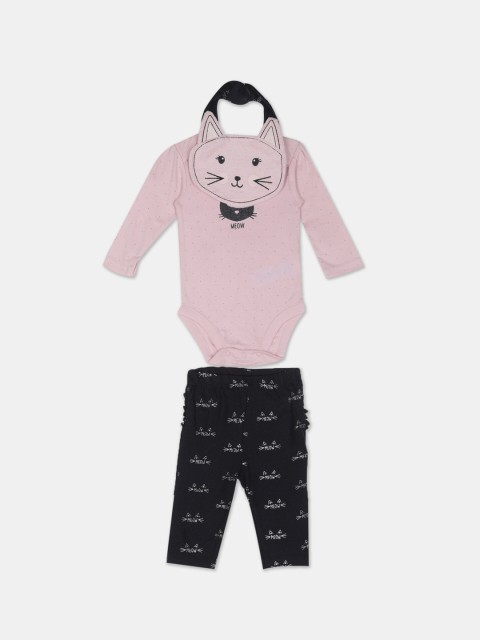 

The Childrens Place Girls Pink & Black Printed Bodysuit with Leggings & Bib