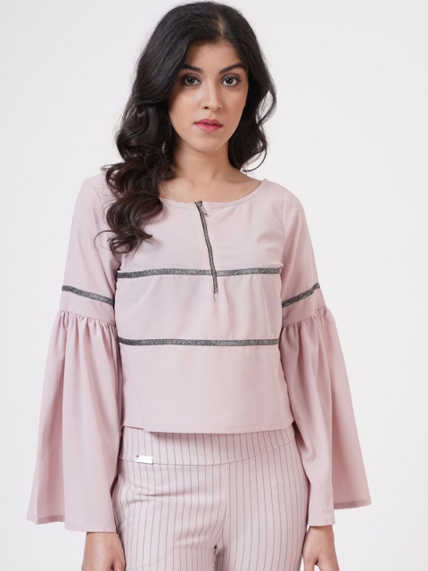 

SHECZZAR Women Onion Pink Embellished Striped Regular Top