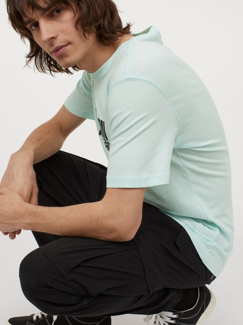 

H&M Men Turquoise Blue Cotton Printed T-Shirt