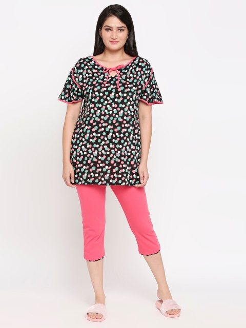 XIN Women Black & Peach-Coloured Printed Night suit