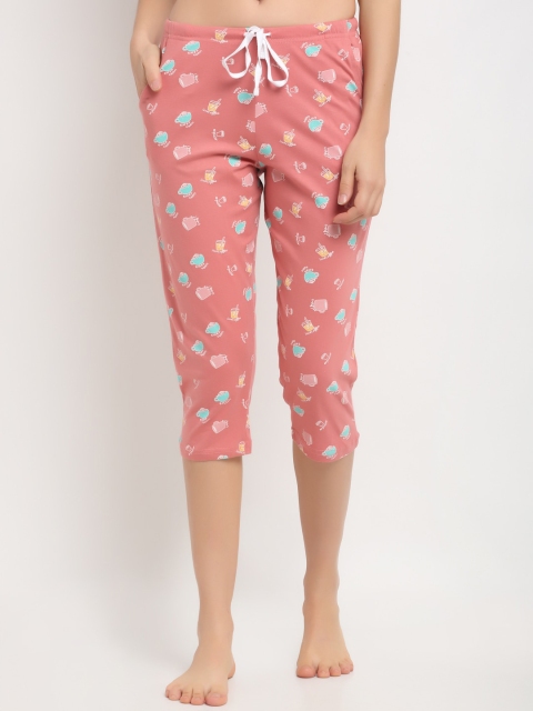 

Kanvin Women Coral Pink & Yellow Printed Pure Cotton Lounge Capris