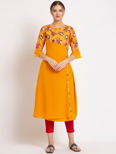 

ALC Creations Women Yellow Floral Yoke Design Bell Sleeves Floral Crepe Kurta