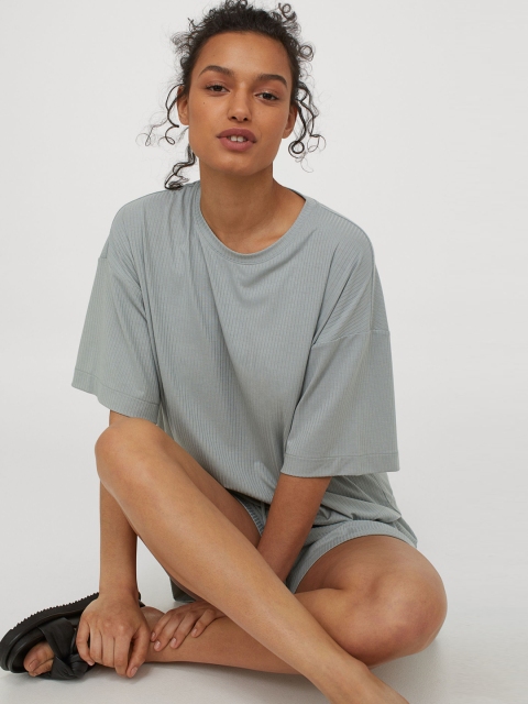 

H&M Women Green Ribbed Night Suits