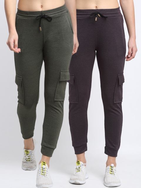 

NEUDIS Women Pack Of 2 Olive-Green & Purple Checked 100% Cotton Joggers
