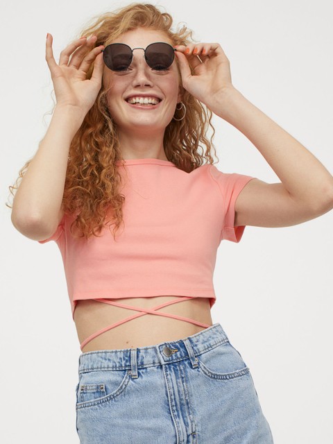 

H&M Women Pink Solid Tie-Detail Cropped Top