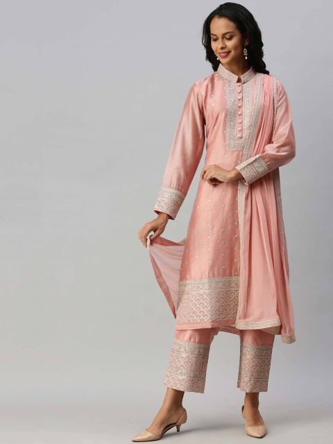 

Soch Women Pink Embroidered Kurta with Trousers & Dupatta