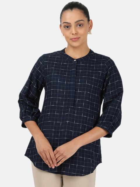 

Monte Carlo Navy Blue & White Checked Mandarin Collar Shirt Style Top
