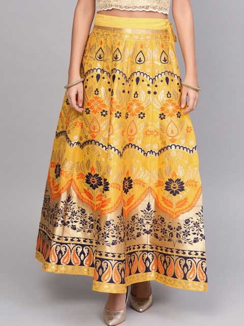 

KSUT Women Mustard Yellow & Gold-Coloured Woven-Design Flared Maxi Skirt