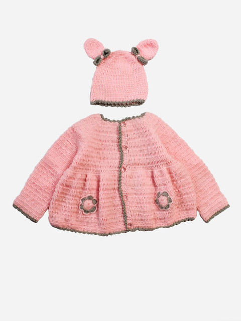 

Woonie Girls Pink Self Design Handmade Cardigan Sweater With Cap