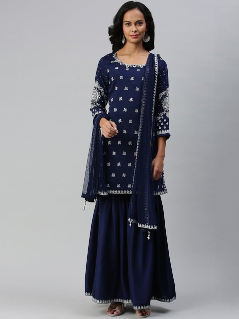 

Soch Women Blue Embroidered Kurta with Sharara & Dupatta