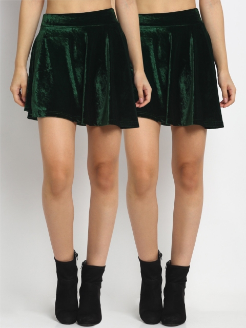 NEUDIS Pack Of 2 Women Green Solid Regular-Fit Flared Mini Skater Skirt