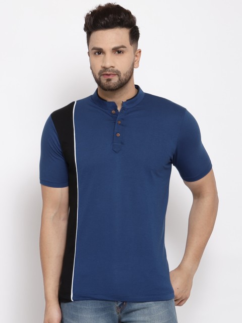 

Kalt Men Blue & Black Colourblocked Mandarin Collar T-shirt