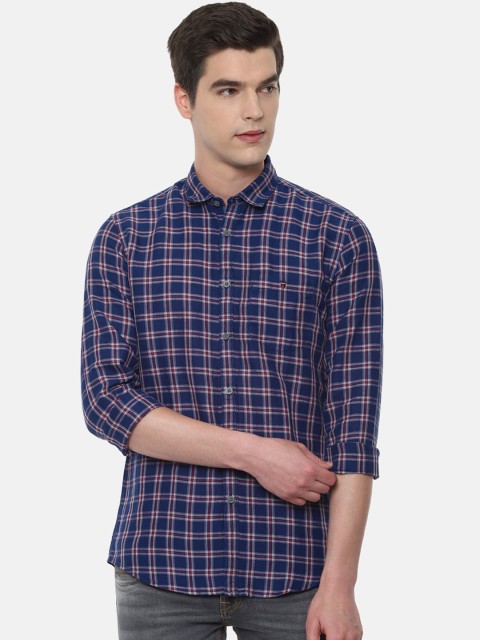 

Louis Philippe Jeans Men Navy Blue & Red Linen Cotton Slim Fit Checked Casual Shirt