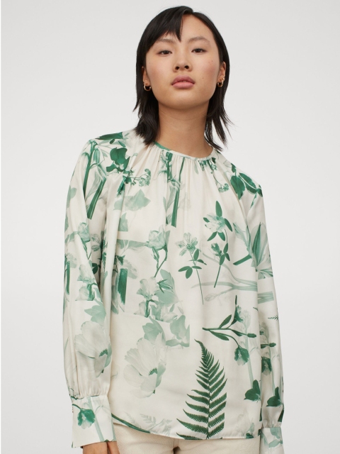 

H&M Women Off-White & Green Printed Crpe Blouse