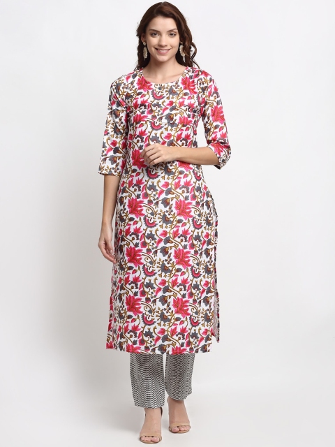 

GoSriKi Women White & Pink Printed Kurta with Trousers
