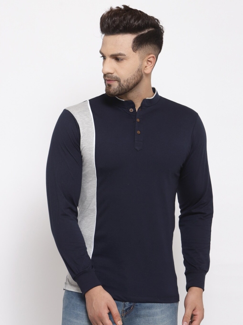 

Kalt Men Navy Blue Colourblocked Mandarin Collar T-shirt