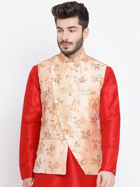 

NAMASKAR Men Gold-Coloured & Brown Printed Pure Silk Nehru Jacket
