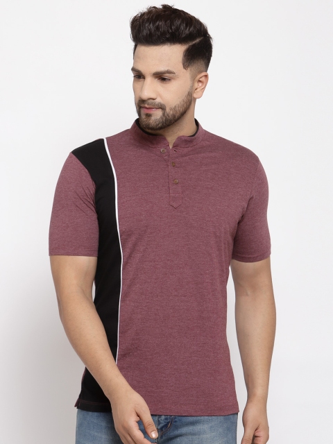 

Kalt Men Maroon & Black Colourblocked Mandarin Collar T-shirt