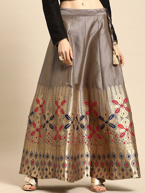 

KSUT Women Grey & Gold-Coloured Woven-Design Flared Maxi Skirt