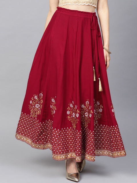 

KSUT Women Maroon & Gold-Coloured Floral Printed Pleated Flared Maxi Skirt