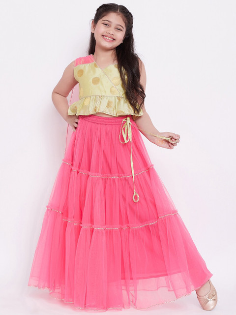

Stylo Bug Girls Pink & Gold-Toned Woven Design Ready to Wear Lehenga & Blouse with Dupatta