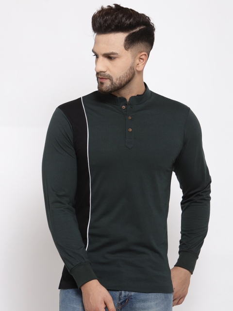 

Kalt Men Green Colourblocked Mandarin Collar T-shirt