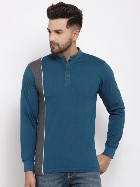 

Kalt Men Teal Blue & White Solid Mandarin Collar T-shirt