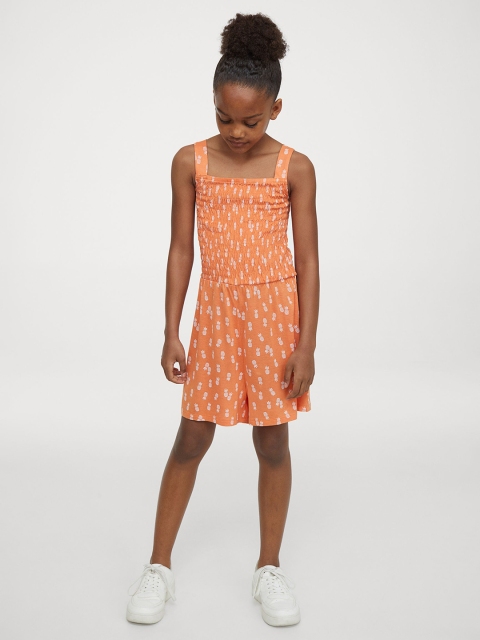 

H&M Girls Orange & White Printed Smocked Playsuit
