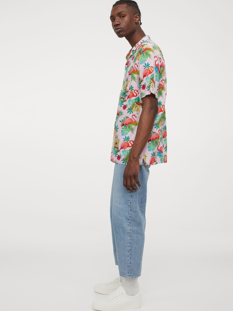 H&M Men Pink & Green Patterned Resort Shirt