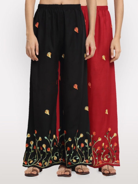 

NEUDIS Women Black & Maroon Embroidered Wide Leg Palazzos