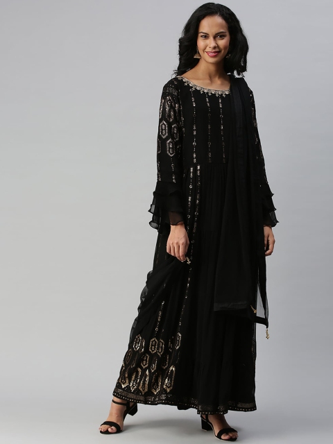 

Soch Women Black & Gold-Coloured Embroidered Kurta with Sharara & Dupatta