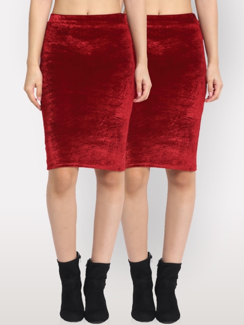 

NEUDIS Women Pack Of 2 Maroon Solid Velvet Pencil Knee-Length Skirts