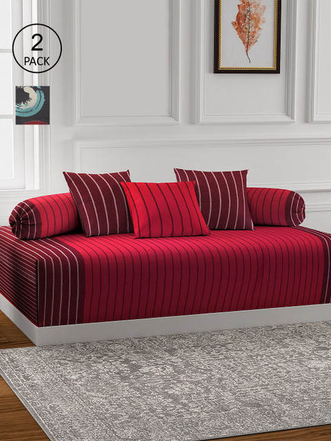 

KLOTTHE Set of 2 Striped Cotton Single Bedsheet With 4 Bolster & 6 Cushion Covers, Red