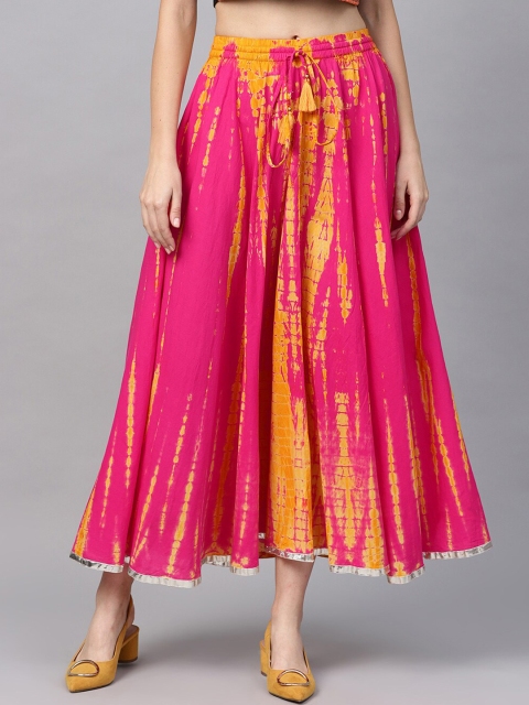 

KSUT Women Pink & Yellow Dyed Woven Pure Cotton Flared Maxi Skirt