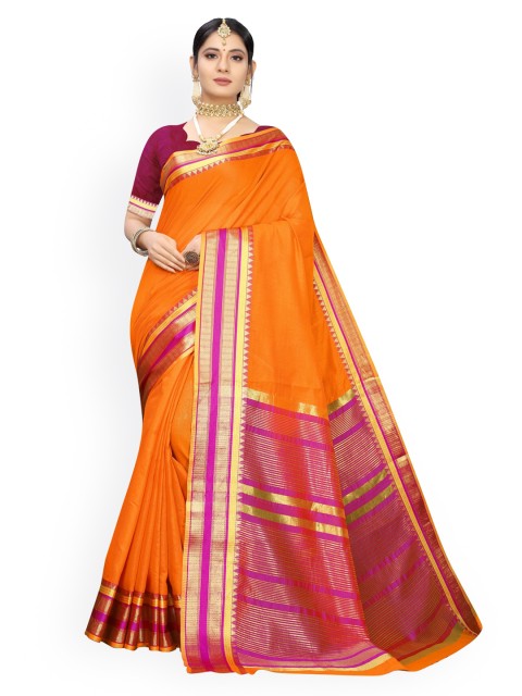 

KALINI Orange Silk Blend Solid Kanjeevaram Saree