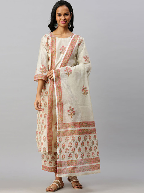 

Soch Women Off-White & Pink Printed Kurta with Palazzos & Dupatta
