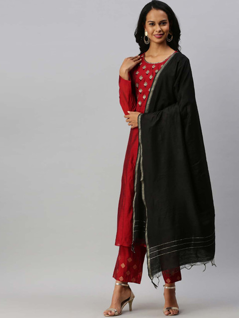 

Soch Women Red & Black Yoke Design Kurta with Trousers & Dupatta