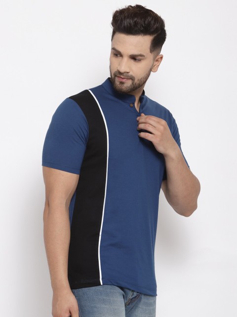 

Kalt Men Blue & Black Colourblocked Mandarin Collar T-shirt