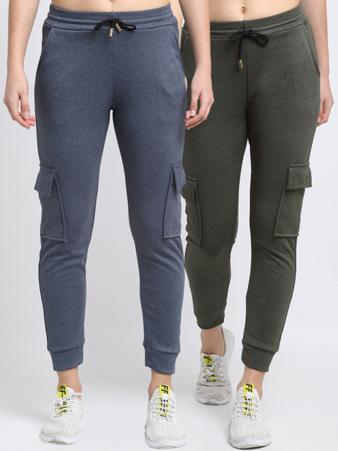 

NEUDIS Women Pack Of 2 Blue & Olive Green Checked Slim-Fit Cotton Joggers