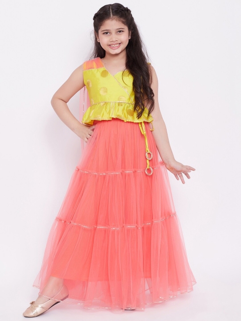 

Stylo Bug Girls Yellow & Peach Woven Design Ready to Wear Lehenga & Blouse Dupatta