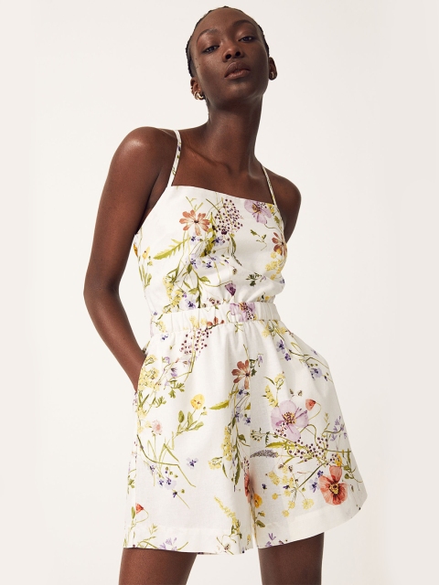 

H&M Women White & Green Printed Linen-Blend Playsuit