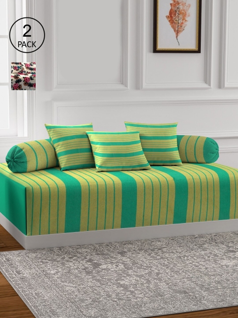 KLOTTHE Set Of 2 Printed Green & Cream Colored Cotton Single Bedsheet With 4 Bolster & 6 Cushion Covers