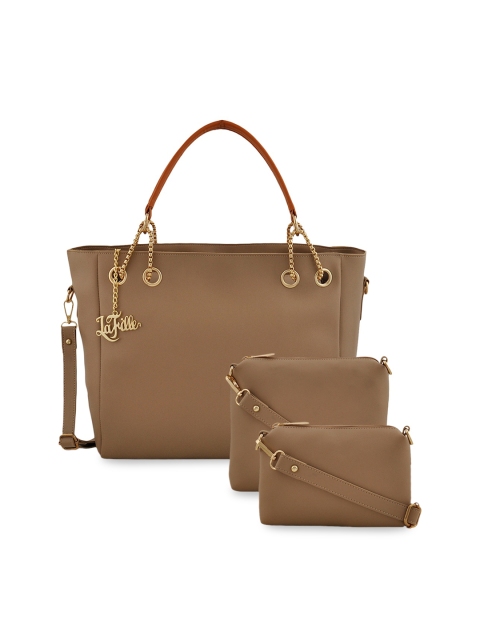 

LaFille Beige Solid Handheld Bag with Pouch