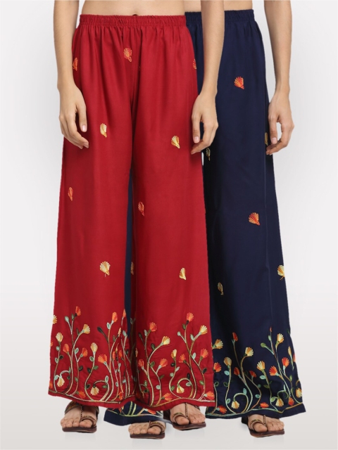 

NEUDIS Women Pack of 2Maroon & Navy Blue Embroidered Wide Leg Palazzos, Maroon