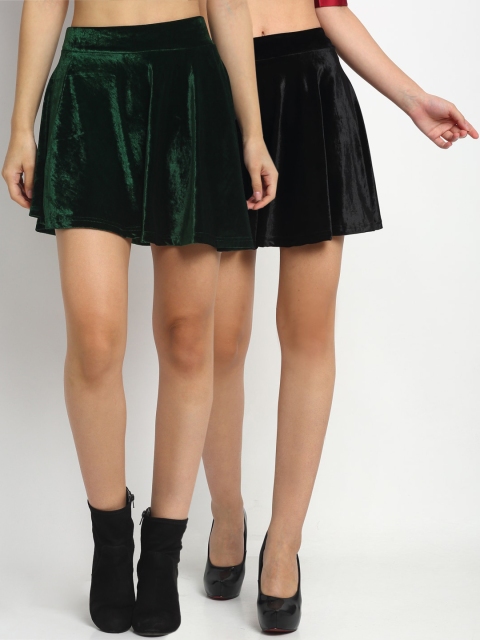 

NEUDIS Women Pack Of 2 Solid Velvet Flared Mini Skirt, Green