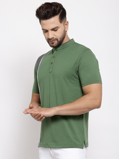 

Kalt Men Green & Grey Colourblocked Mandarin Collar T-shirt