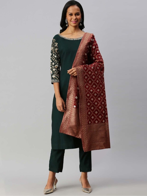 Soch Women Green & Maroon Embroidered Kurta with Trousers & Dupatta
